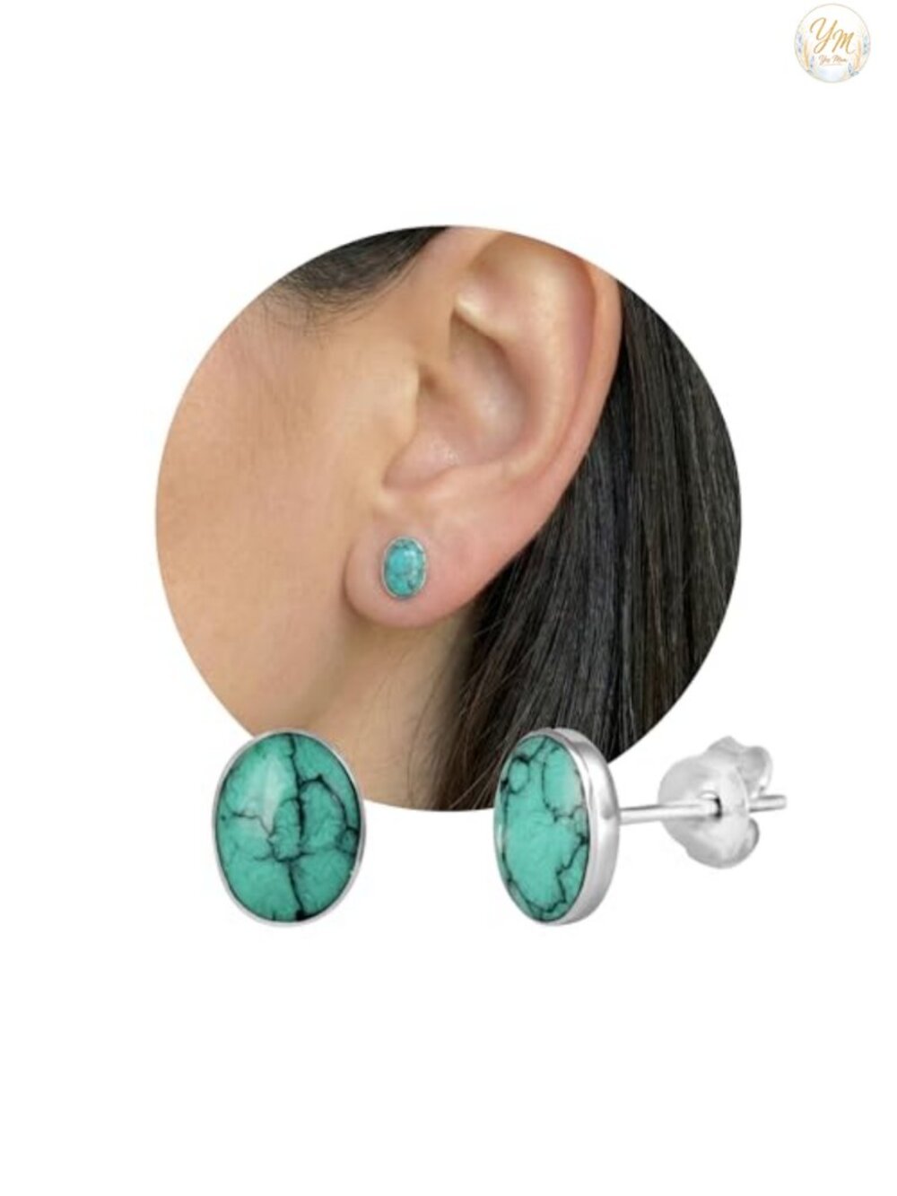 Sterling Silver Turquoise Stud Earrings 6x8mm Oval Handmade